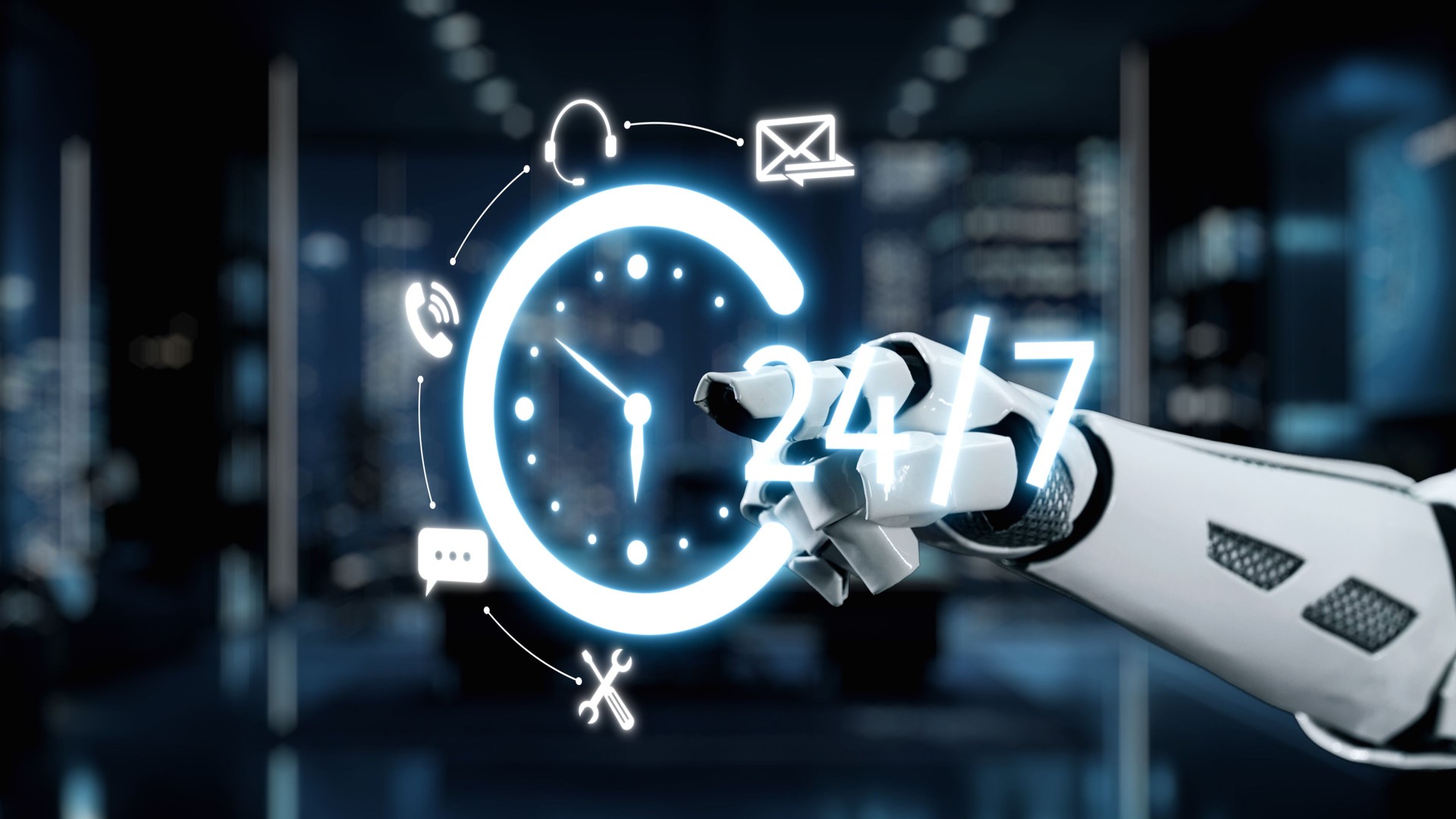 Futuristic Robot Hand Interacting with Digital Clock Display to Represent 24-hour Availability and Support in a Modern Business Environment. Auvana